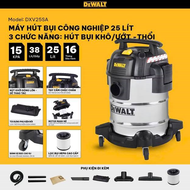 máy hút bụi công nghiệp 3 chức năng 25l dewalt dxv25sa – 25l – 15kpa hình 0 may hut bui cong nghiep 3 chuc nang 25l dewalt dxv25sa – 25l – 15kpa hinh 0